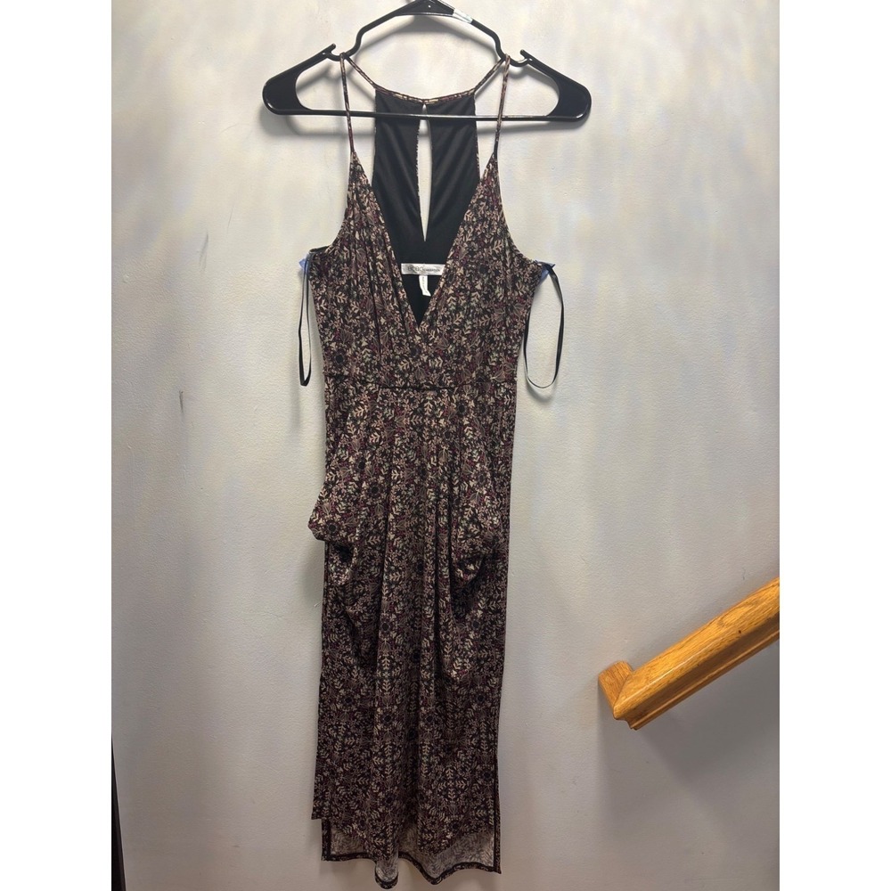 BCBGMAXAZRIA Floral Print Midi Dress Keyhole Neck Spaghetti Straps Pockets XS